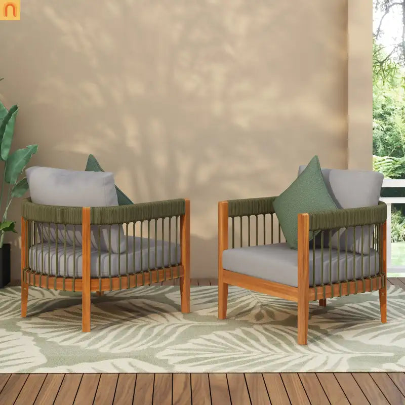 Outdoor Club Chair Set Acacia Wood Rope Accents Green Beige Set of 2