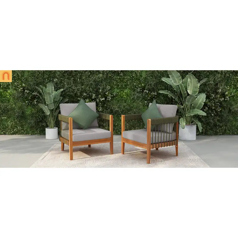 Outdoor Club Chair Set Acacia Wood Rope Accents Green Beige Set of 2