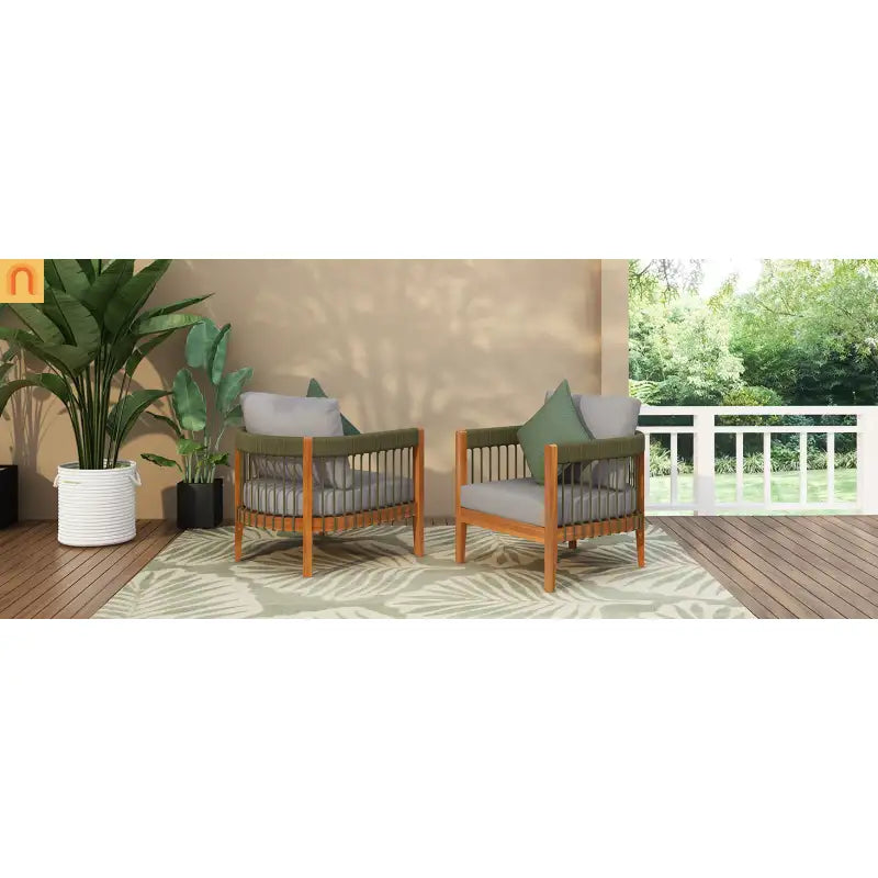 Outdoor Club Chair Set Acacia Wood Rope Accents Green Beige Set of 2