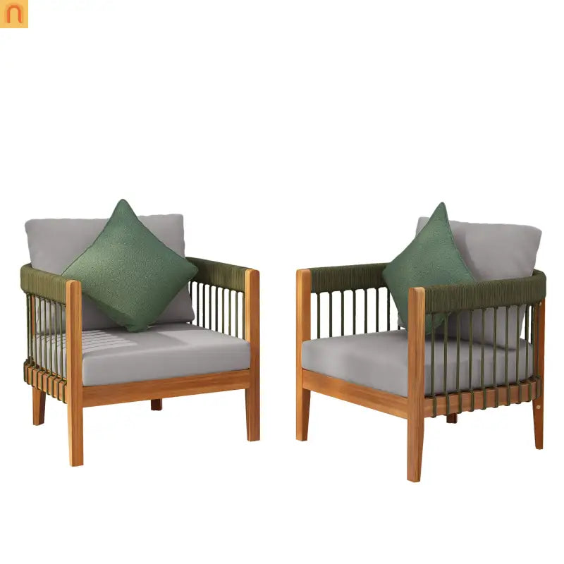Outdoor Club Chair Set Acacia Wood Rope Accents Green Beige Set of 2