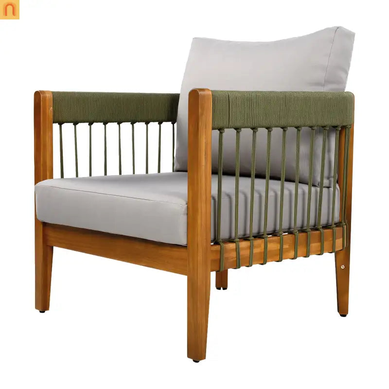 Outdoor Club Chair Set Acacia Wood Rope Accents Green Beige Set of 2