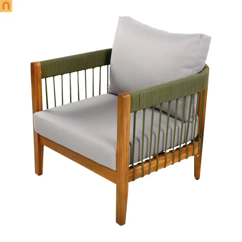 Outdoor Club Chair Set Acacia Wood Rope Accents Green Beige Set of 2