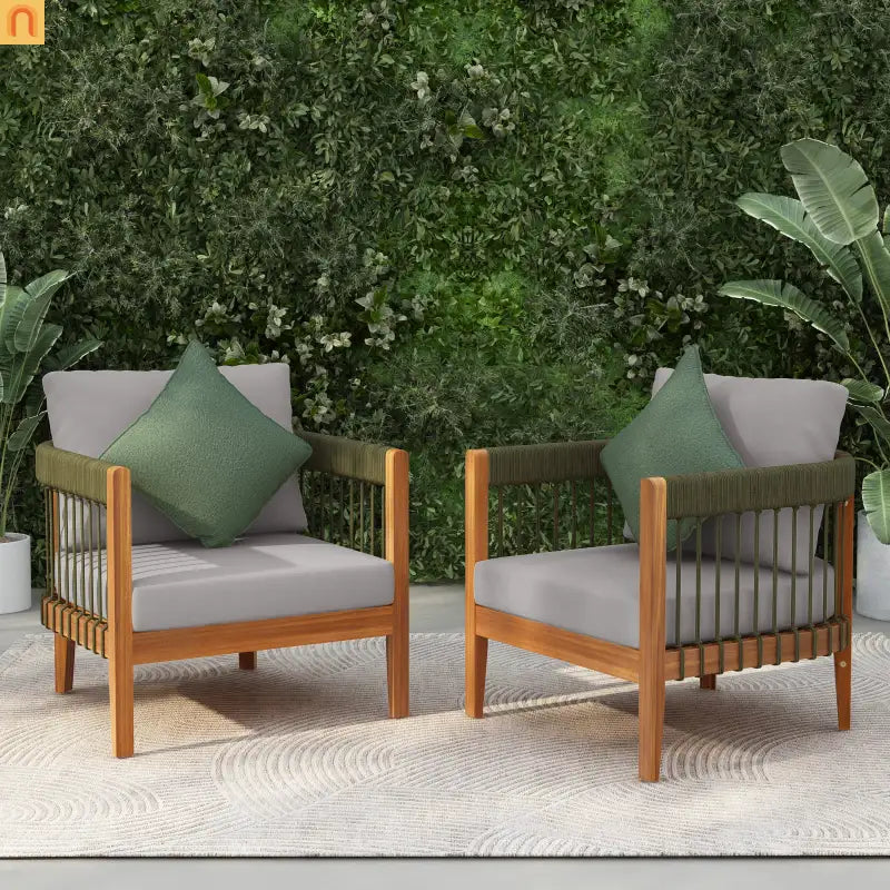 Outdoor Club Chair Set Acacia Wood Rope Accents Green Beige Set of 2