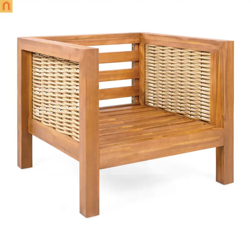 Outdoor Club Chair Acacia Wood Wicker Teak Beige Cushion Set of 2 400 LB