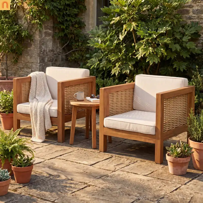 Outdoor Club Chair Acacia Wood Wicker Teak Beige Cushion Set of 2 400 LB