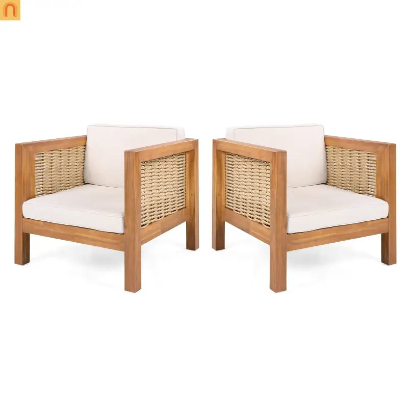 Outdoor Club Chair Acacia Wood Wicker Teak Beige Cushion Set of 2 400 LB