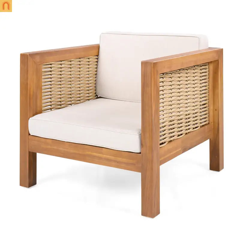 Outdoor Club Chair Acacia Wood Wicker Teak Beige Cushion Set of 2 400 LB