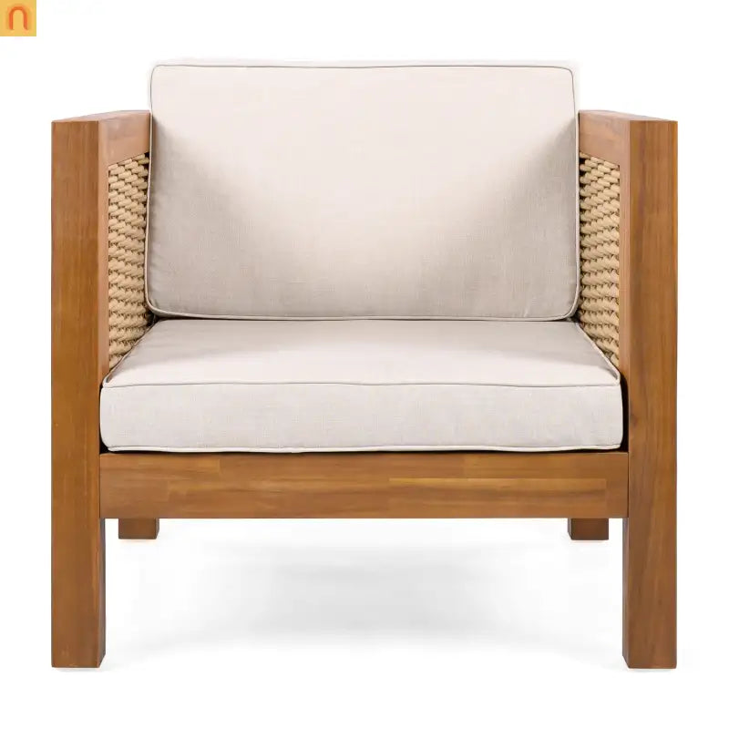 Outdoor Club Chair Acacia Wood Wicker Teak Beige Cushion Set of 2 400 LB