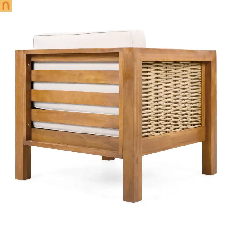 Outdoor Club Chair Acacia Wood Wicker Teak Beige Cushion Set of 2 400 LB