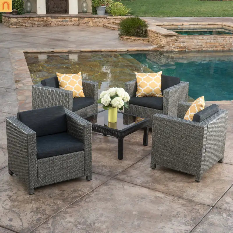 Outdoor Club Chair Faux Rattan Black Cushion Water Resistant Set of 4