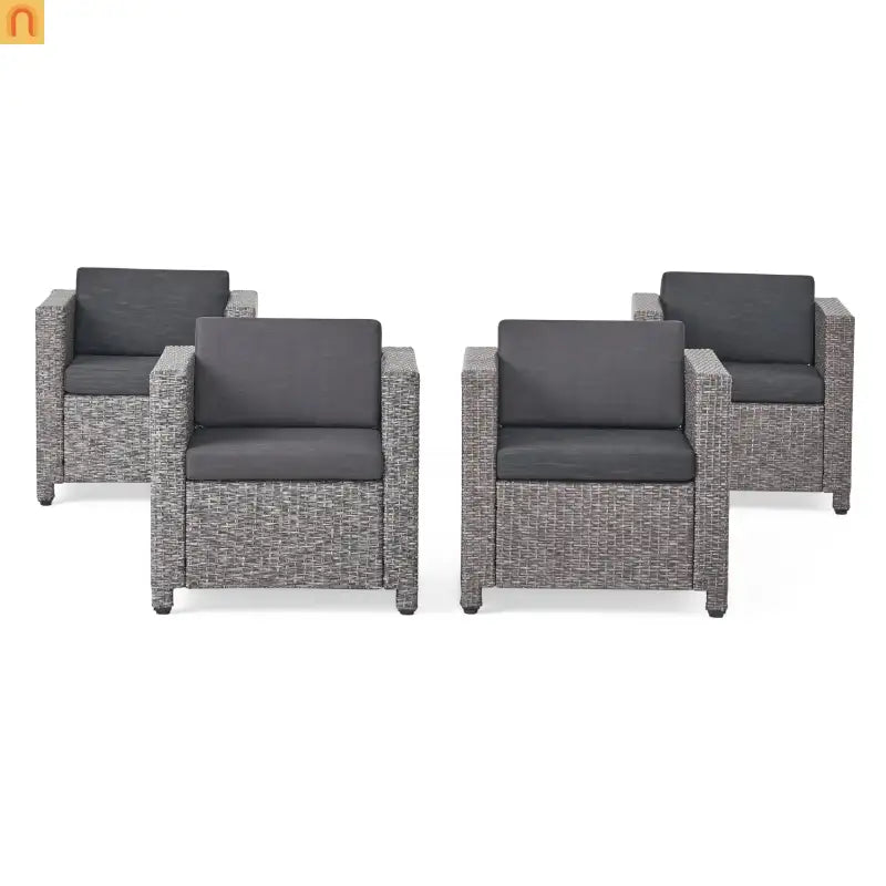 Outdoor Club Chair Faux Rattan Black Cushion Water Resistant Set of 4