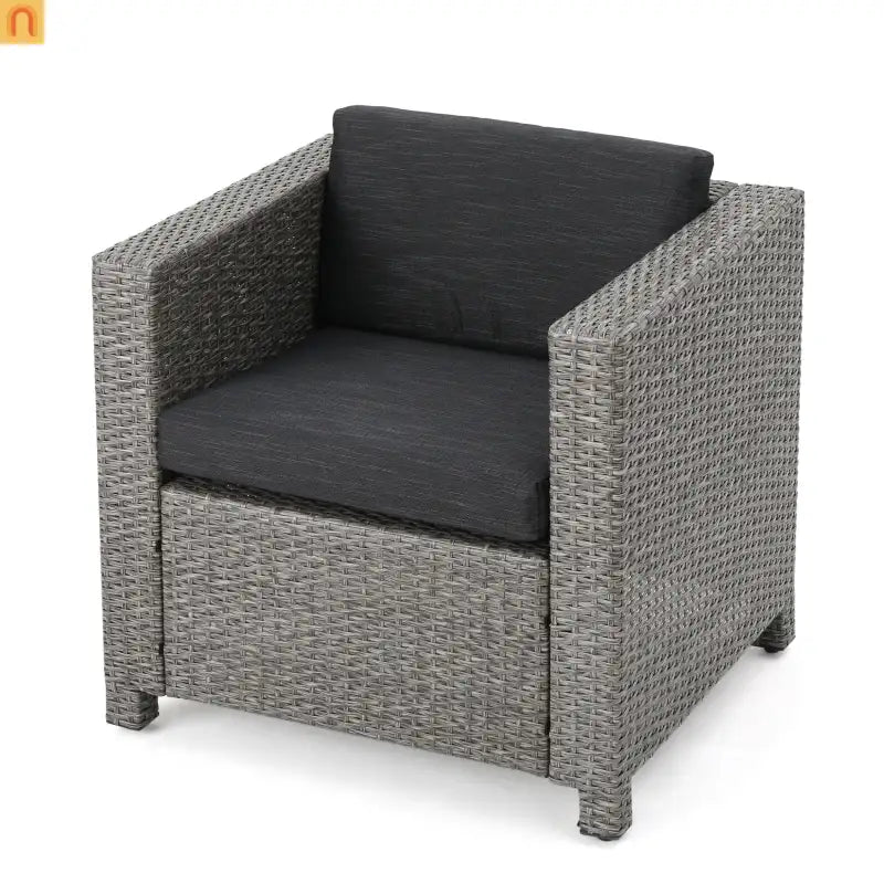 Outdoor Club Chair Faux Rattan Black Cushion Water Resistant Set of 4
