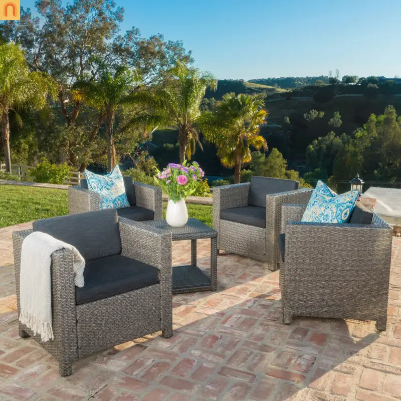 Outdoor Club Chair Faux Rattan Black Cushion Water Resistant Set of 4