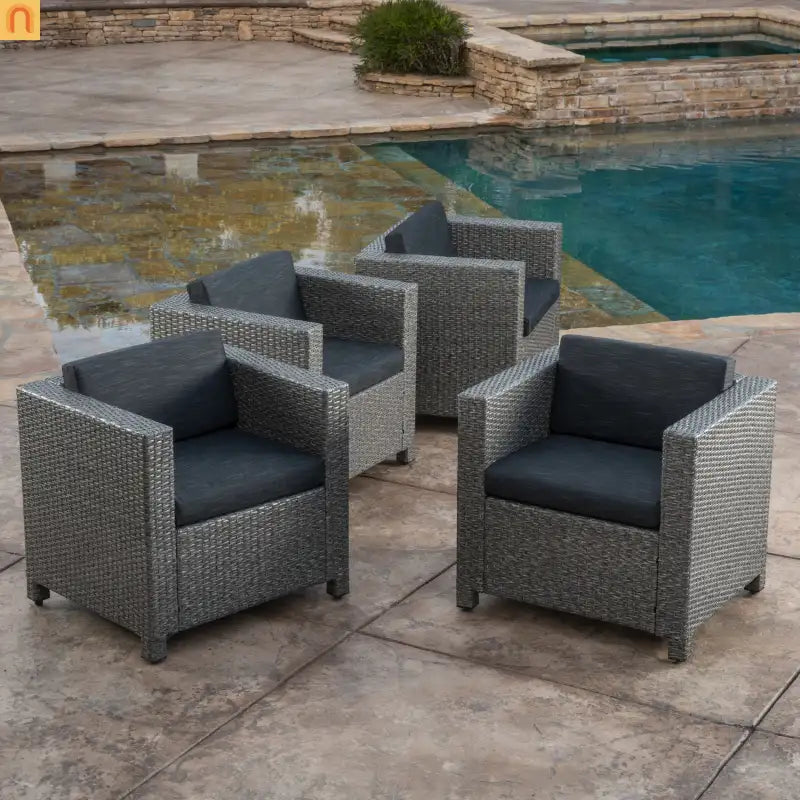 Outdoor Club Chair Faux Rattan Black Cushion Water Resistant Set of 4