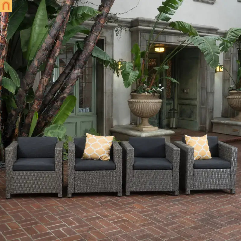 Outdoor Club Chair Faux Rattan Black Cushion Water Resistant Set of 4