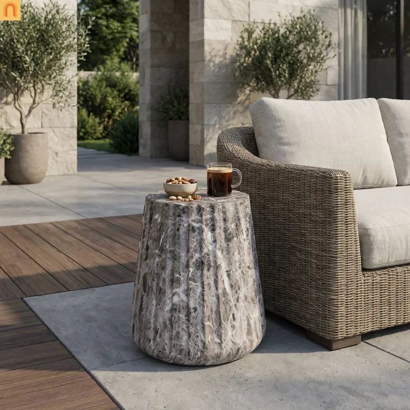 Outdoor End Table Concrete MGO Brown Travertine Round 16in