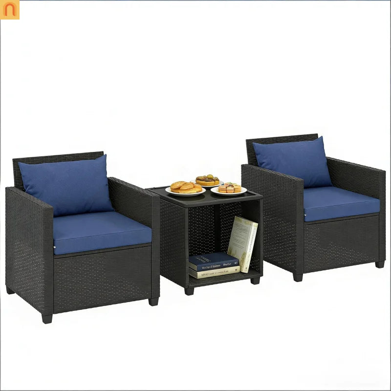 Outdoor Bistro Set PE Rattan 3 Piece Tempered Glass Table