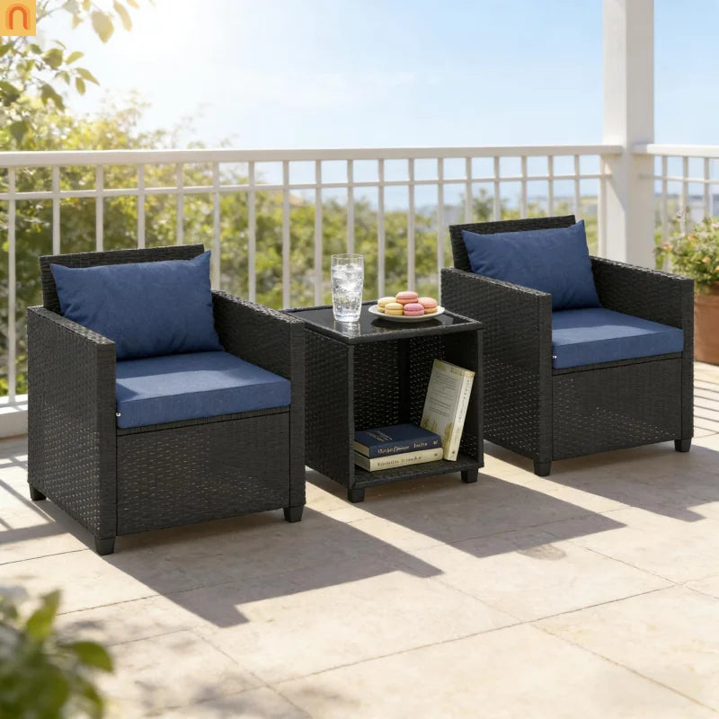 Outdoor Bistro Set PE Rattan 3 Piece Tempered Glass Table