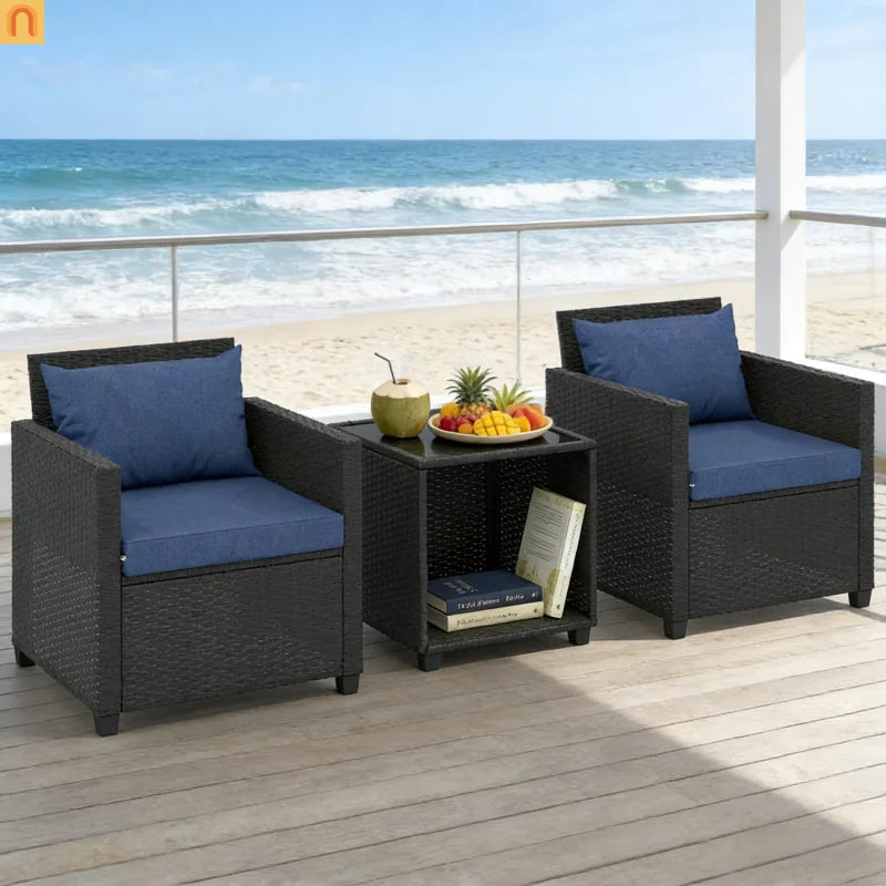 Outdoor Bistro Set PE Rattan 3 Piece Tempered Glass Table