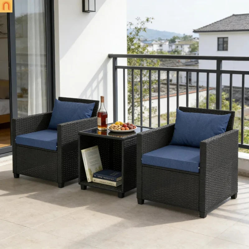 Outdoor Bistro Set PE Rattan 3 Piece Tempered Glass Table