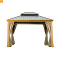 Hardtop Gazebo Wood Grain Aluminum 10x14ft Steel Canopy Curtains