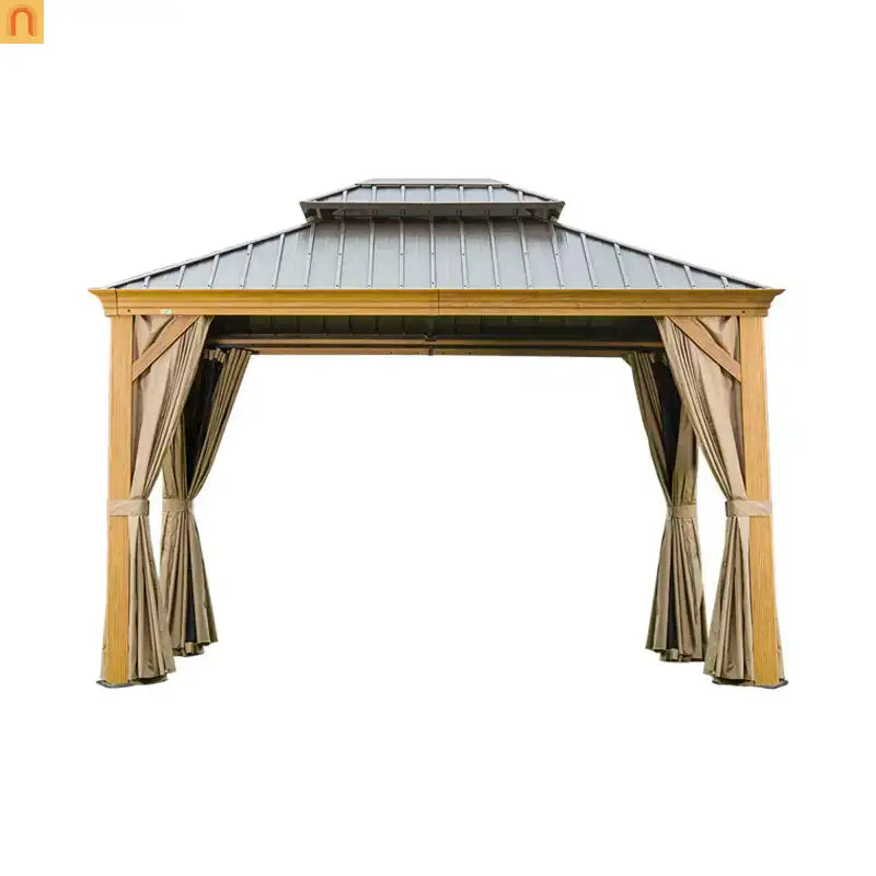 Hardtop Gazebo Wood Grain Aluminum 10x14ft Steel Canopy Curtains