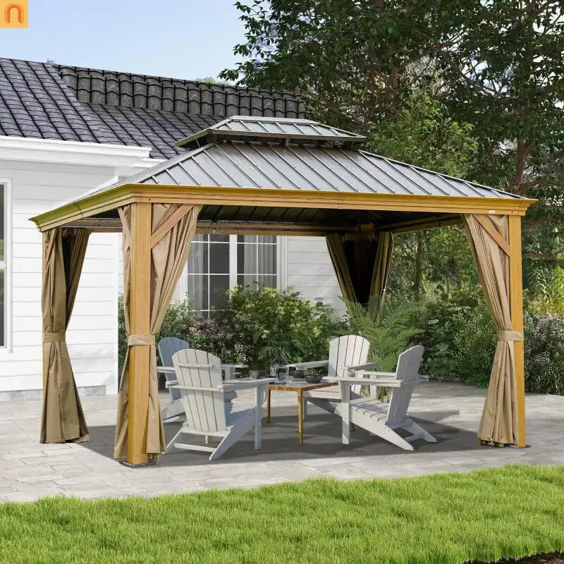 Hardtop Gazebo Wood Grain Aluminum 10x14ft Steel Canopy Curtains