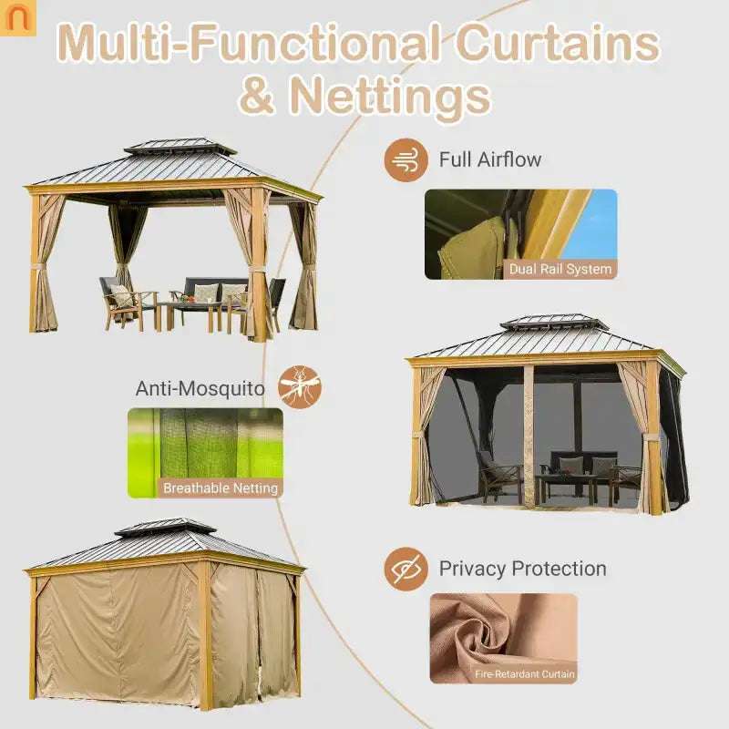 Hardtop Gazebo Wood Grain Aluminum 10x14ft Steel Canopy Curtains