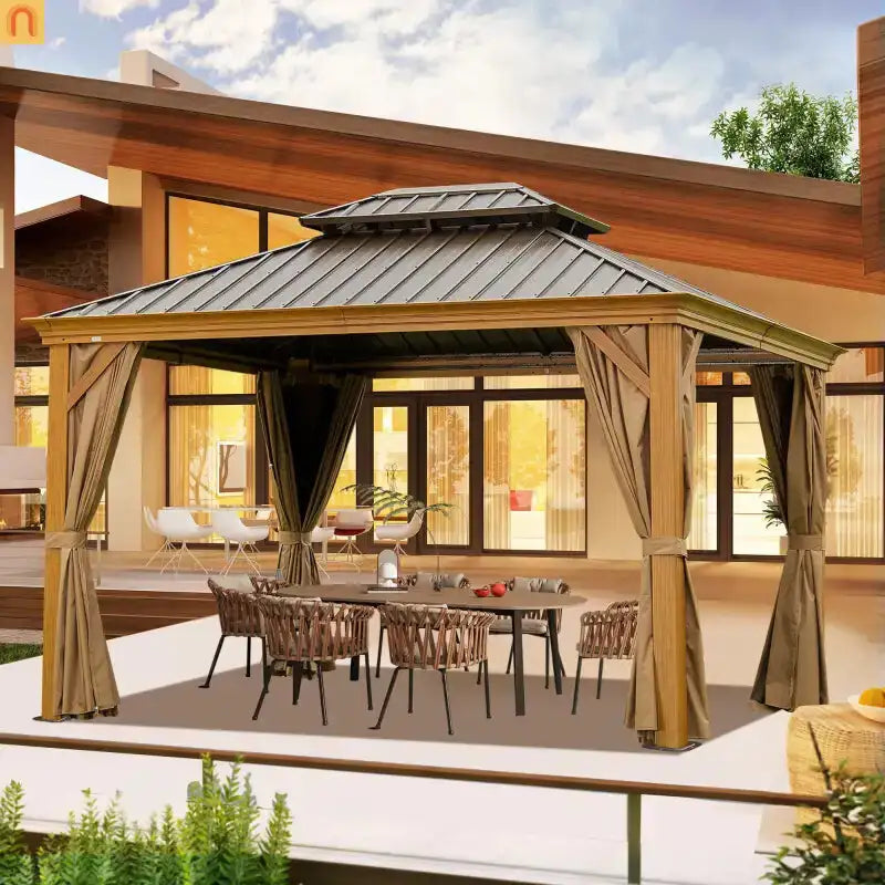 Hardtop Gazebo Wood Grain Aluminum 10x14ft Steel Canopy Curtains